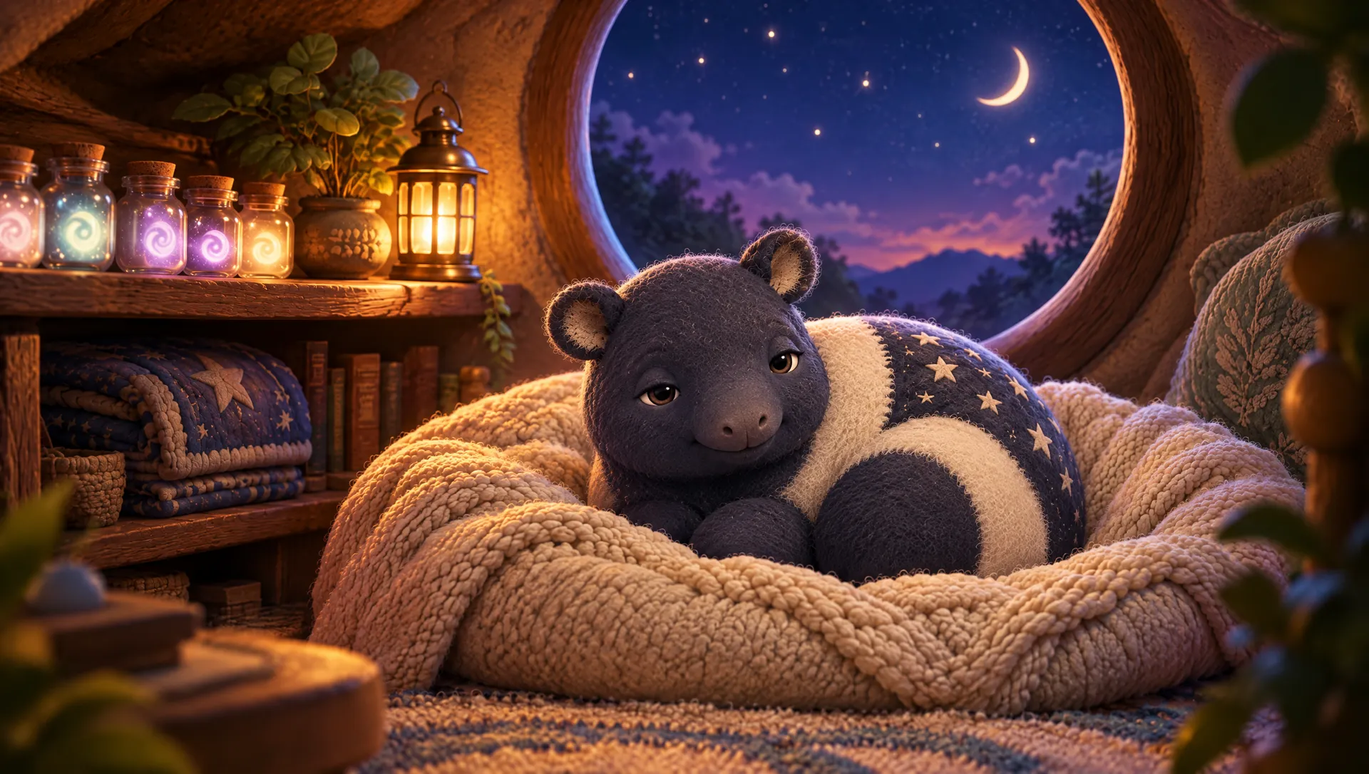 A little tapir with stars on its back, tucked into a knitted nest by a moonlit round window