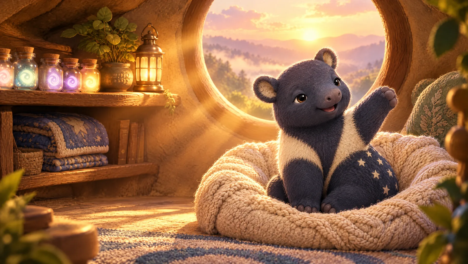The tapir waking up happily at sunrise