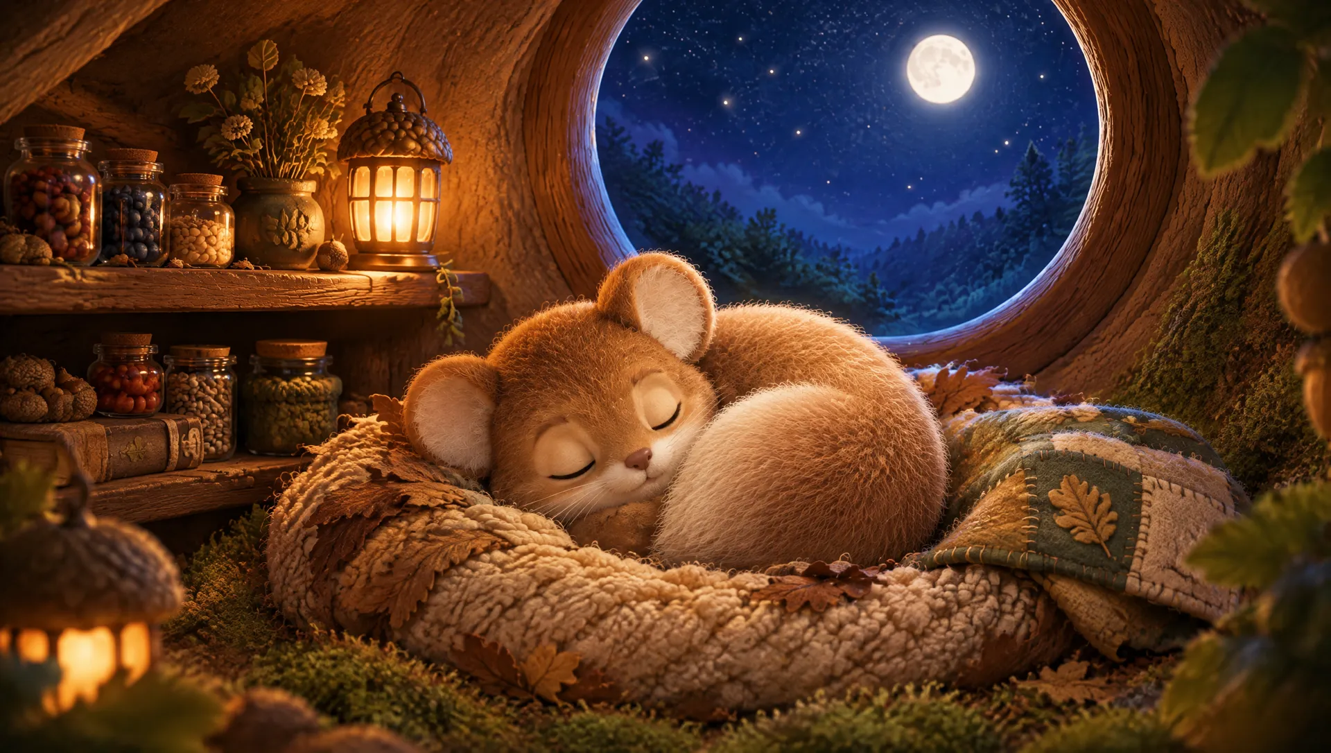 Dormouse asleep under its fluffy tail
