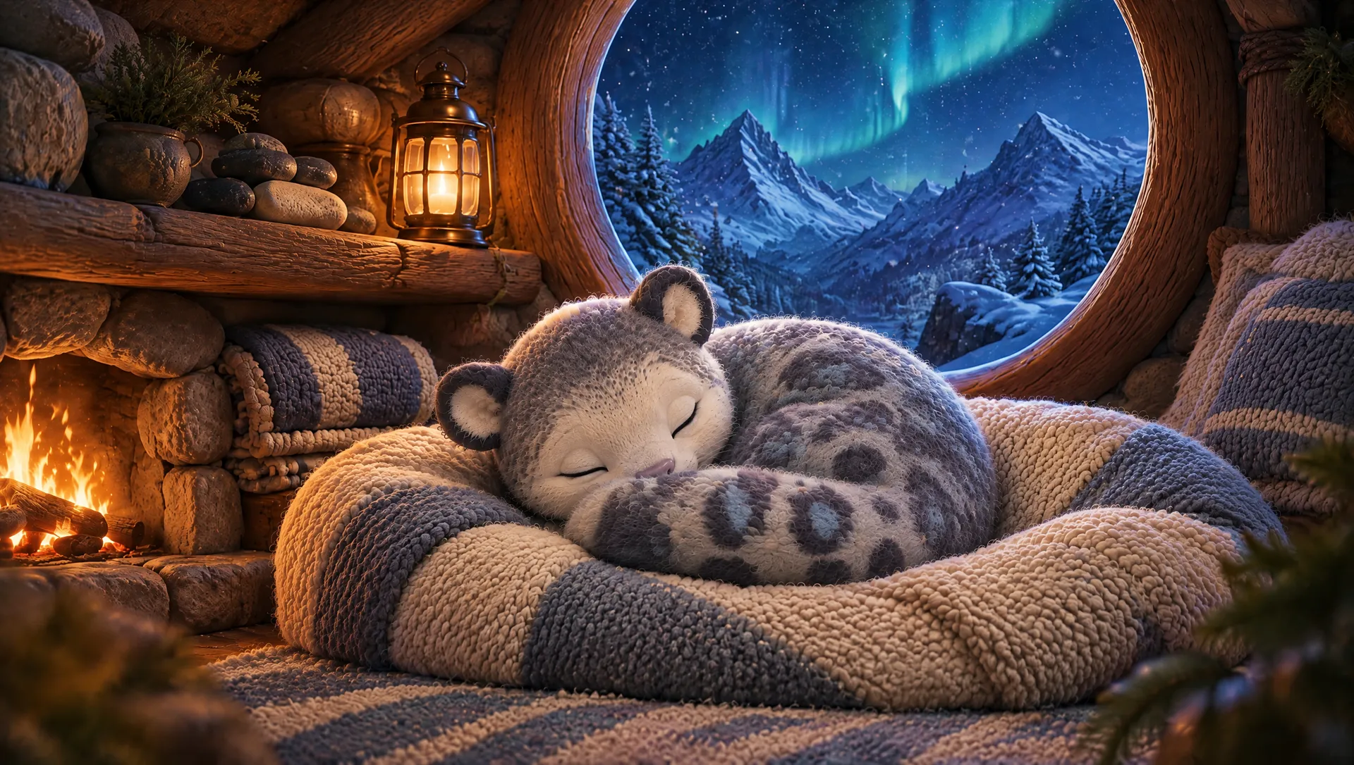Snow leopard cub asleep by a fire, aurora outside